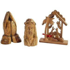 Three Piece Religious Olive Wood Carved Jesus, Praying Hands, Manger, EUC
